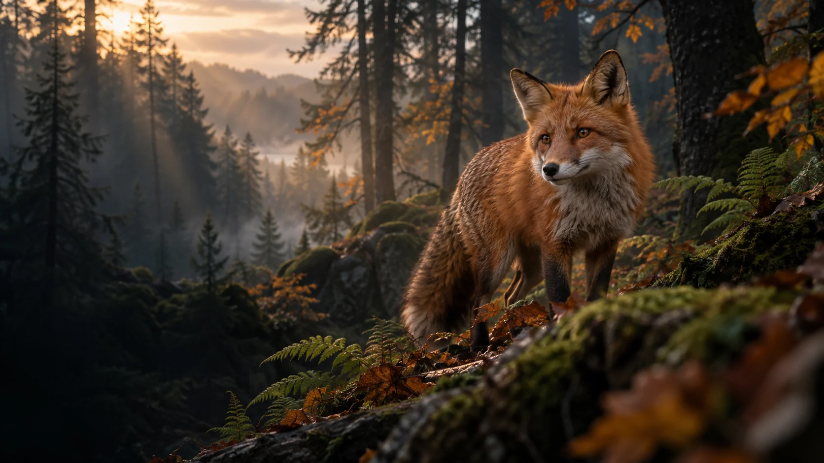Vulpe roșcată într-o pădure cu lumină de apus, ilustrație pentru documentare
