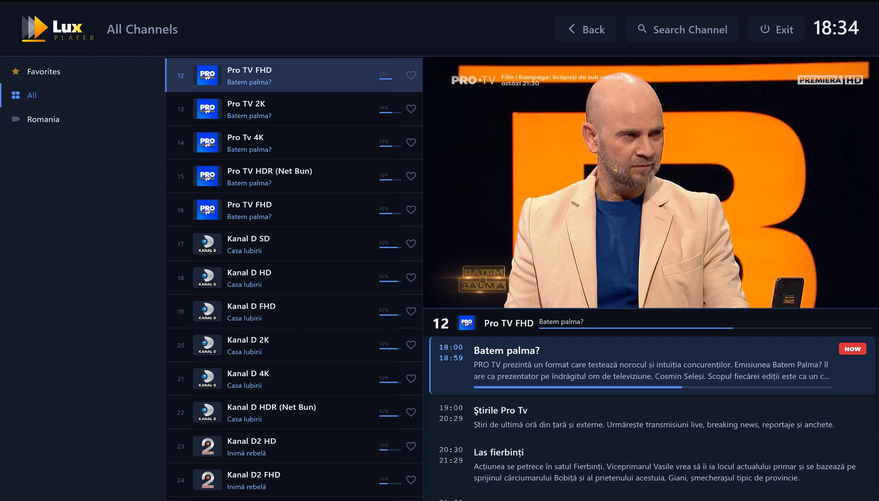 Captură reală Lux Player: lista de canale și programul televiziunii live